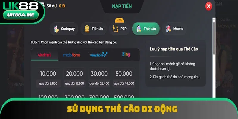 Nạp tiền UK88 bằng hình thức thẻ cào chuyên dụng